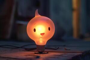 Charming light bulb character with a radiant smile brightening a gentle evening scene photo