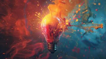 Vibrant light bulb exploding with a burst of colors and dynamic motion, symbolizing innovative ideas photo