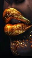 Closeup of luscious lips coated in sparkling golden hues with droplets resembling a luxurious elixir photo