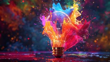 Explosion of vibrant colors from a light bulb, representing creativity and inspiration photo