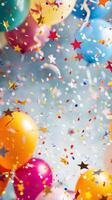 Vibrant party backdrop featuring colorful balloons, confetti, and sparkling stars, perfect for festive occasions photo