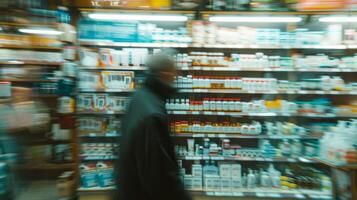 Artistic motion blur captures the bustling activity inside a modern pharmacy photo