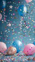 Lively background with flying confetti, stars, and colorful balloons, perfect for partythemed designs photo