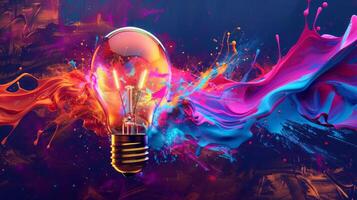 Explosive light bulb with vibrant paint splashes against a dark backdrop photo