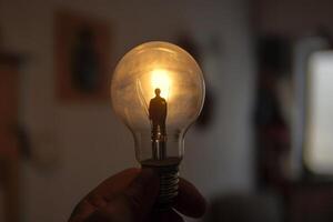 Creative concept photo of a light bulb with a man's silhouette glowing inside