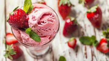 Close up of a glass filled with strawberry ice cream garnished with fresh berries and mint photo