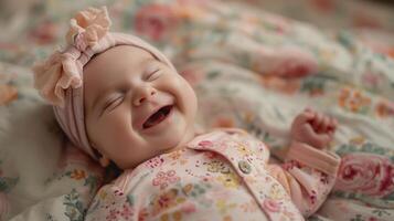 Sweet infant baby girl giggling on a flower patterned blanket photo
