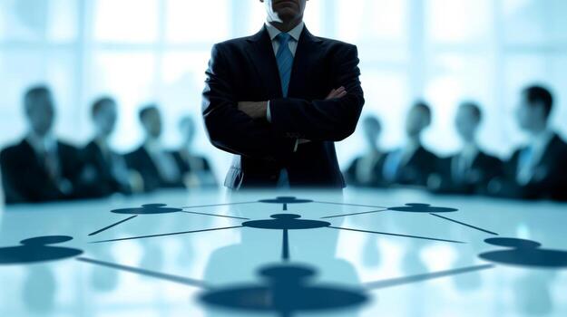 Business consultant presenting a strategy diagram to a group of executives photo