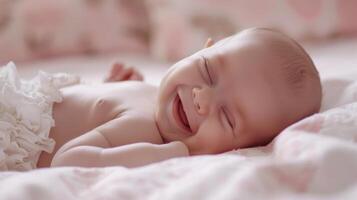 Charming photo capturing a happy newborn baby girl, smiling while resting in a cozy environment