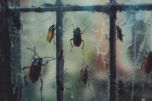 Numerous insects creep on a grimy window in a deserted location, evoking a creepy ambiance photo