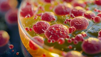Close up shot of colorful bacterial colonies growing on agar in a laboratory setting photo