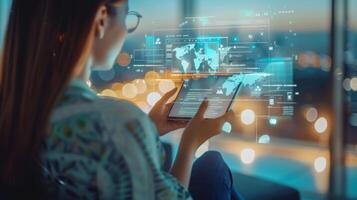 Young woman uses a futuristic tablet interface to book a flight at night photo