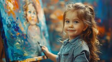 Talented young artist with a paintbrush creating a masterpiece on her colorful canvas photo