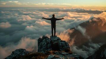 Hiker embraces the sunset over a blanket of clouds from mountain peak photo