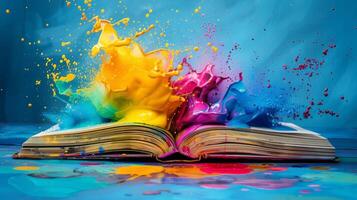 Vibrant paint splashes rise from an open book, symbolizing imaginative and artistic inspiration photo