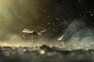 Mosquito being sprayed with insecticide while standing on a rugged surface photo
