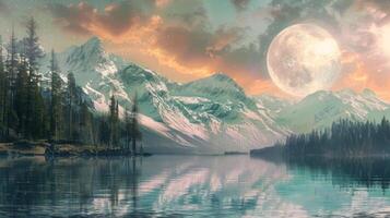 Fantasy digital artwork of a serene lake surrounded by stunning mountains in the twilight with a full moon photo