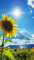 Sunflower in focus with a field of sunflowers and solar panels under a sunny sky photo