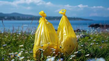 Yellow plastic bags polluting a scenic meadow with a lake and city in the background photo