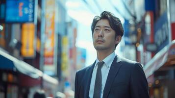 Serious looking businessman is strolling through a bustling urban area, gazing upward photo