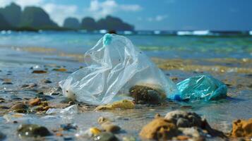 Scenic beach marred by plastic bag litter, underscoring the problem of ocean pollution photo