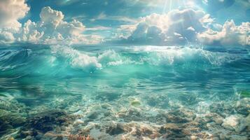 Serene sea collage showing underwater clarity and gentle waves, ideal for creative layouts photo