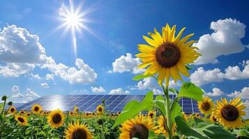 Solar panels amidst towering sunflowers basking in the sunlight photo