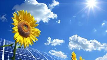 Sunflower and solar panels against a clear blue sky in the background photo