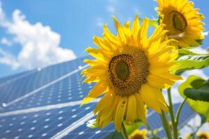 Sunflower with solar panel background on a sunny day, representing renewable energy photo