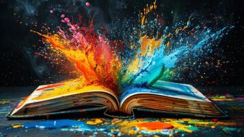 Dynamic image of colorful paint splashes bursting from the pages of an open book photo