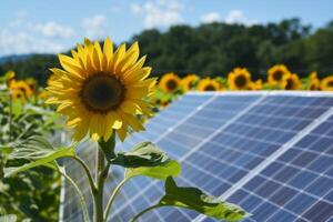 Sunflower in the forefront with solar panels under clear skies in the background symbolizing sustainable energy photo