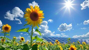 Sunflowers in the forefront with solar panels and a blue sky with clouds in the distance photo