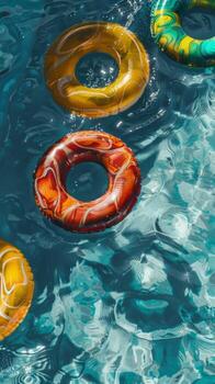 Aerial view of a sunlit pool with colorful inflatable swim rings on the water's surface photo