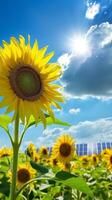 A vibrant sunflower foreground with solar panels in the sunny backdrop photo