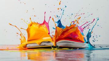 Vibrant painting splashes on an open book against a white backdrop a dynamic visual photo