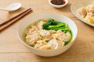 pork wonton soup or pork dumplings soup with vegetable photo