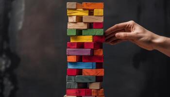 side view of Hand pulling colorful wooden block from the tower photo
