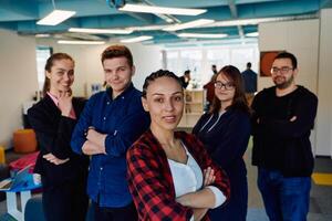 Portrait of a successful creative businessman and businesswoman looking at camera and smiling. Diverse business people standing together at startup. photo
