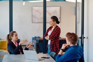 A team of successful programmers sits in a startup office, strategizing new business projects and solving existing challenges, showcasing innovation and collaboration in the tech industry photo