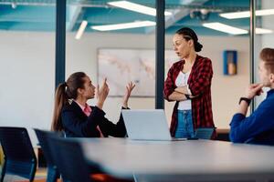 A team of successful programmers sits in a startup office, strategizing new business projects and solving existing challenges, showcasing innovation and collaboration in the tech industry photo