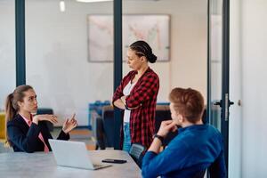 A team of successful programmers sits in a startup office, strategizing new business projects and solving existing challenges, showcasing innovation and collaboration in the tech industry photo