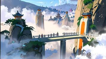A serene digital artwork featuring a traditional East Asian temple atop a steep, isolated mountain surrounded by smaller pagodas, lush greenery, and cascading waterfalls amidst floating clouds. video