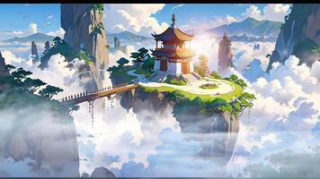 A serene digital artwork featuring a traditional East Asian temple atop a steep, isolated mountain surrounded by smaller pagodas, lush greenery, and cascading waterfalls amidst floating clouds. video