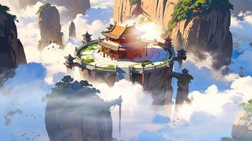 A serene digital artwork featuring a traditional East Asian temple atop a steep, isolated mountain surrounded by smaller pagodas, lush greenery, and cascading waterfalls amidst floating clouds. video