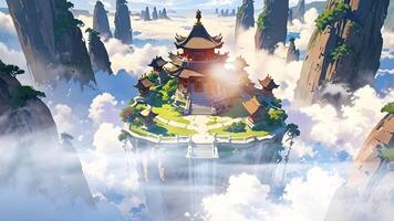 A serene digital artwork featuring a traditional East Asian temple atop a steep, isolated mountain surrounded by smaller pagodas, lush greenery, and cascading waterfalls amidst floating clouds. video