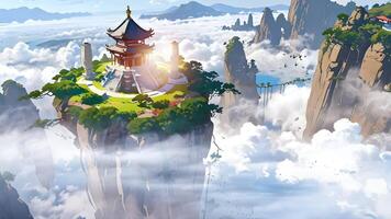 A serene digital artwork featuring a traditional East Asian temple atop a steep, isolated mountain surrounded by smaller pagodas, lush greenery, and cascading waterfalls amidst floating clouds. video