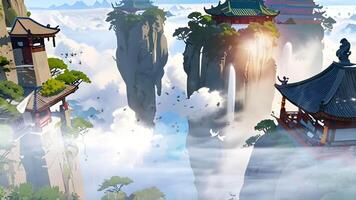 A serene digital artwork featuring a traditional East Asian temple atop a steep, isolated mountain surrounded by smaller pagodas, lush greenery, and cascading waterfalls amidst floating clouds. video