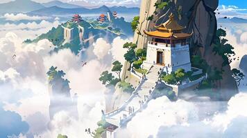 A serene digital artwork featuring a traditional East Asian temple atop a steep, isolated mountain surrounded by smaller pagodas, lush greenery, and cascading waterfalls amidst floating clouds. video