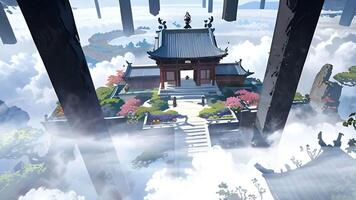 A serene digital artwork featuring a traditional East Asian temple atop a steep, isolated mountain surrounded by smaller pagodas, lush greenery, and cascading waterfalls amidst floating clouds. video