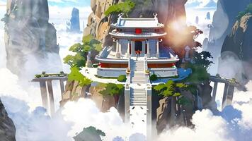 A serene digital artwork featuring a traditional East Asian temple atop a steep, isolated mountain surrounded by smaller pagodas, lush greenery, and cascading waterfalls amidst floating clouds. video